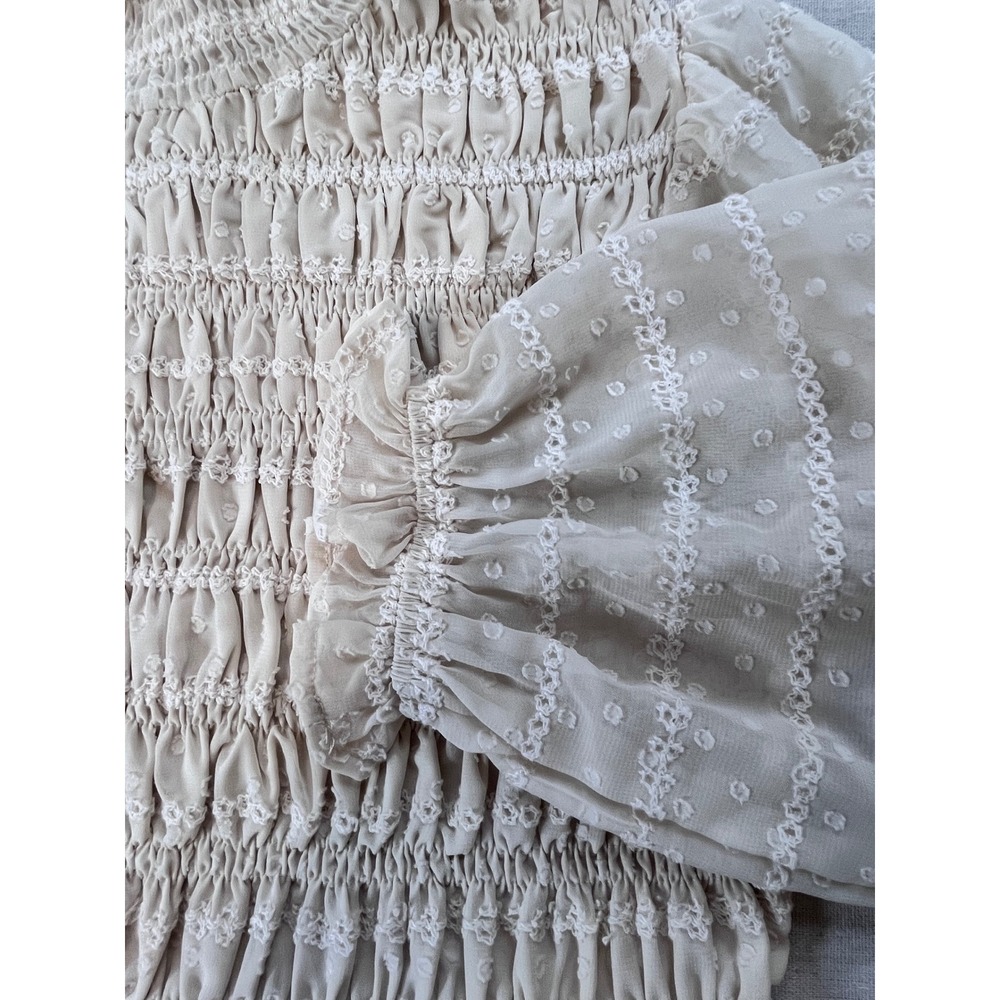 Cider Cream Smocked Peplum Blouse sz M Mock Neck Swiss Dot Embroidered Romantic - Picture 14 of 16